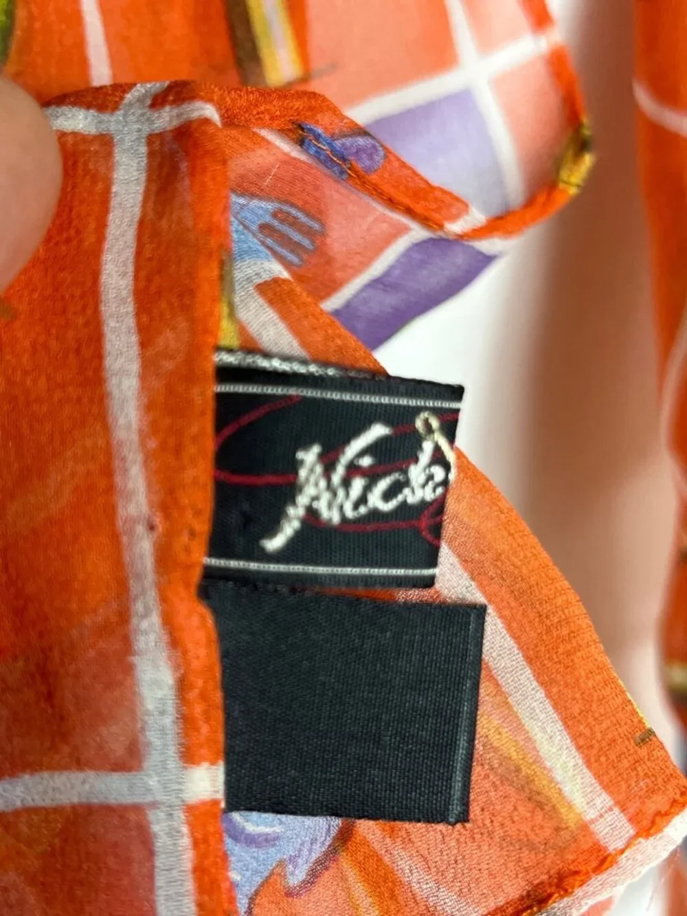 Nick & Nora Silk Novelty Scarf Retro Vacation Motifs Sheer Chiffon Large Orange